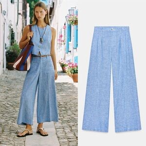 Zara Sky BlueWide-Leg Pants | Part of Coord Matching Pant Set with Vest Medium